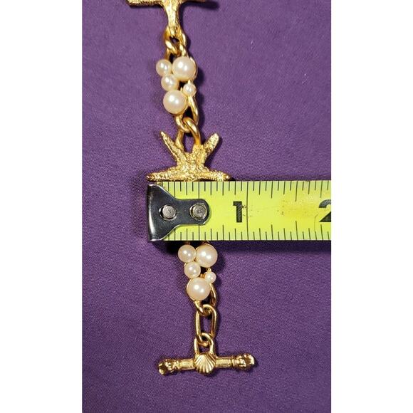 Yellow Gold Plated Starfish and Faux Pearl Cluster Bracelet, Toggle Clasp, 8" - Picture 11 of 16
